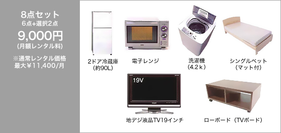 8点セット 6点+選択2点 9,000円(月額レンタル料) ※通常レンタル価格 最大￥11,400/月